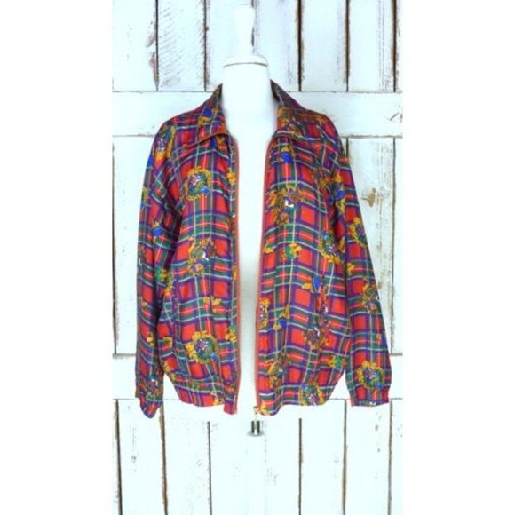 Vintage red blue checker plaid crest medallion print silk windbreaker - Picture 5 of 6